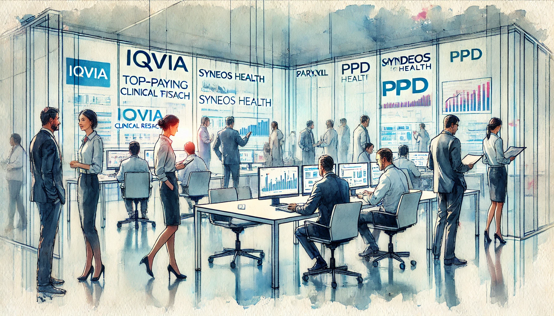 A watercolor-style illustration of a modern clinical research office with professionals working on clinical trials, highlighting data analysis, project management, and collaboration.